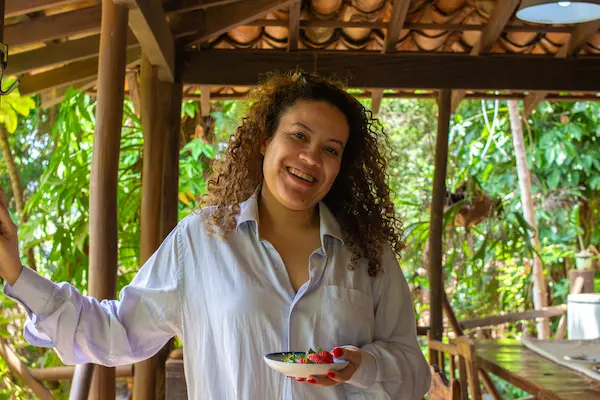 Traveler choosing an Amazon rainforest lodge surrounded by nature